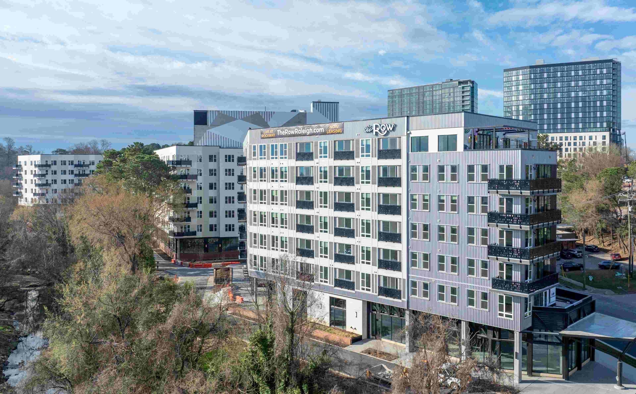 Aerial view of The Row luxury apartments community showing building layout and surroundings in Raleigh NC